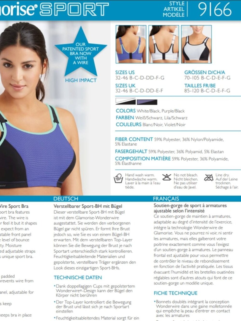 Glamorise SPORT Bra 32DD Underwire (4 Support Levels) High-Impact ~Wicks! Purple - Picture 7 of 16
